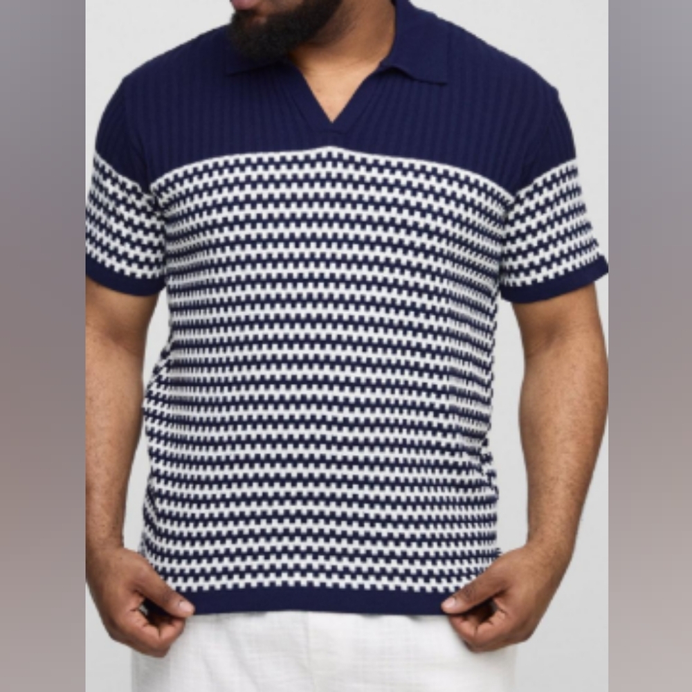 boohoo Man V Neck Striped Knit White & Navy Short Sleeve Polo NWT Mens XL
